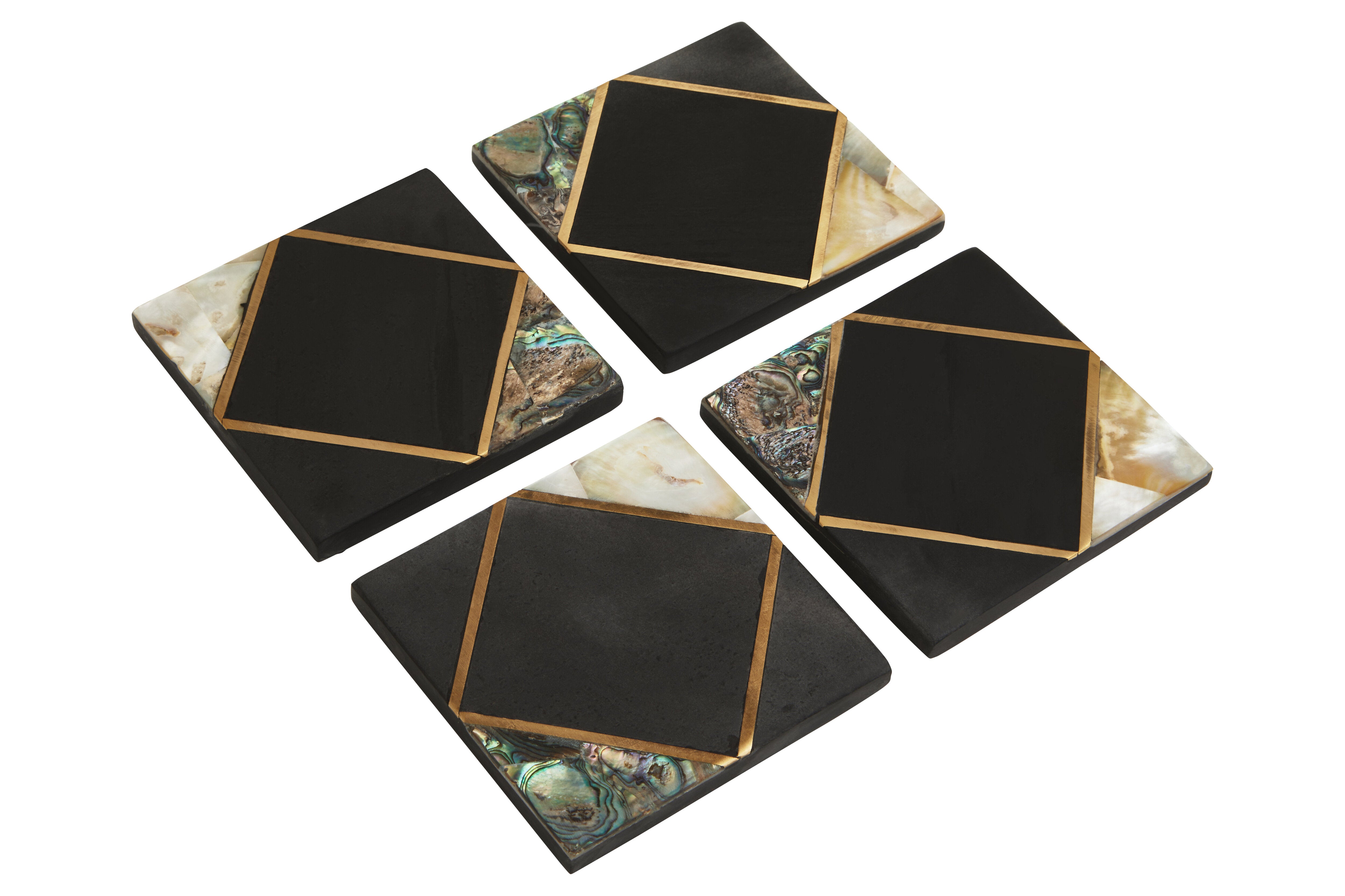 Set of 4 Martini Black Slate & Gold Square Coasters